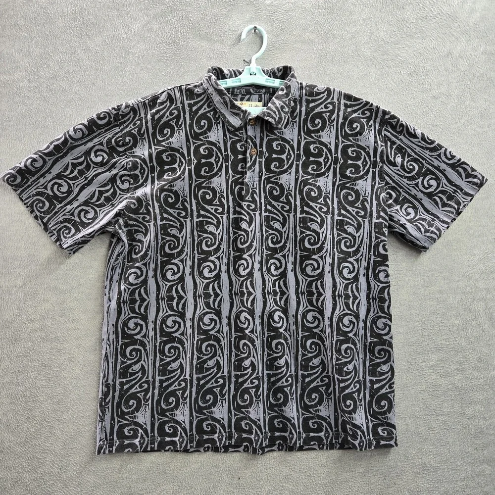 Crazy Shirts Men Polo XL Black Geometric Hawaiian Shirt‎ Short Y2K